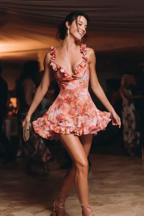 A woman wears a coral floral mini dress featuring ruffled straps, a fitted bodice, and a flared skirt, paired with strappy high heels and a small clutch