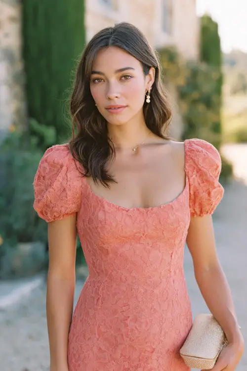 A woman wears a coral lace mini dress featuring a square neckline, puff sleeves, and a relaxed babydoll silhouette