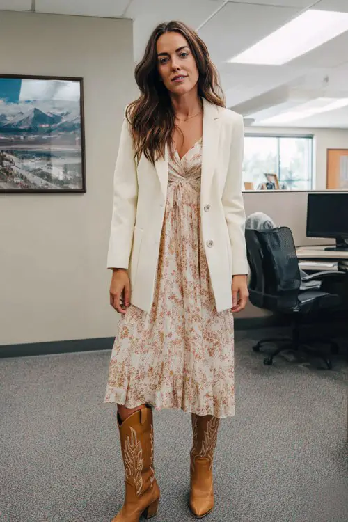 A woman wears a cream blazer with a flowy printed midi dress and tan tall cowboy boots at an office
