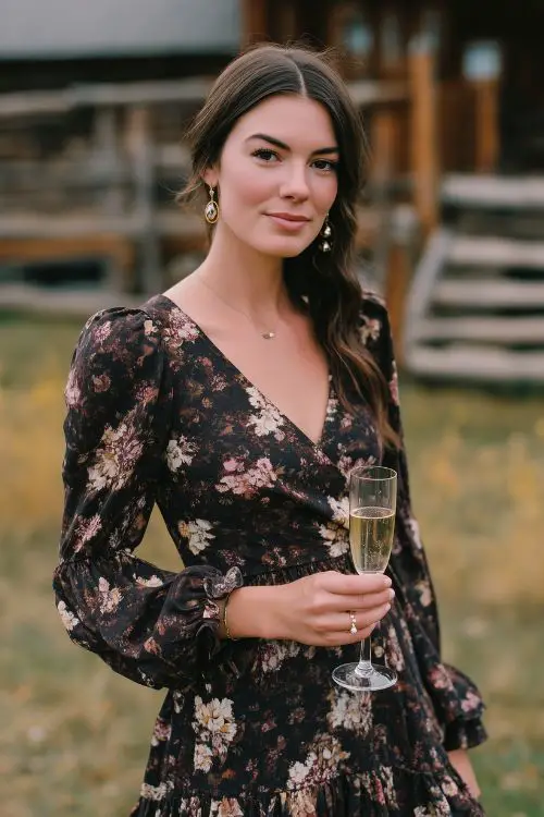 A woman wears a dark floral midi dress with bishop sleeves and a ruffled hem