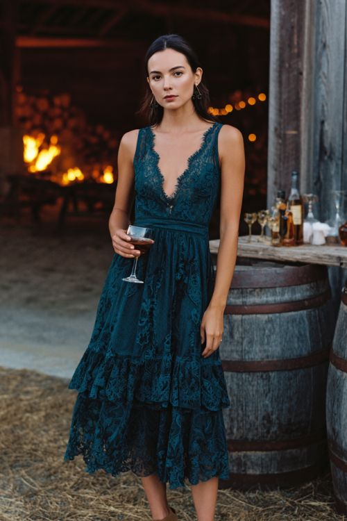 A woman wears a dark teal lace midi dress with embroidered vine details and a flowing layered skirt, paired with suede block heels (2)