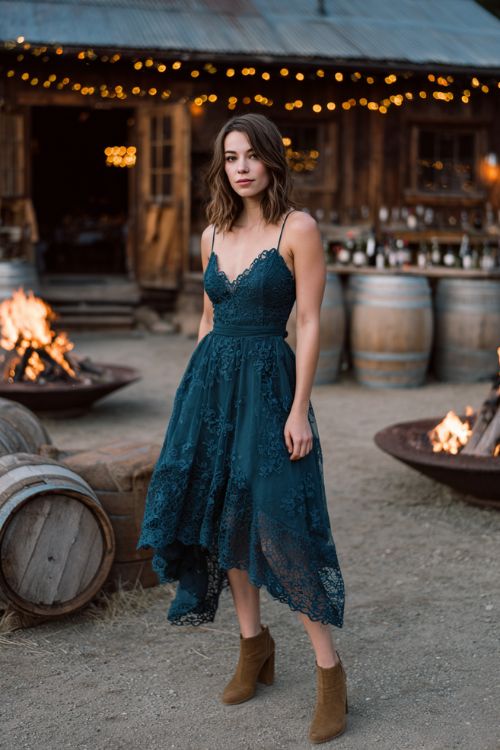 A woman wears a dark teal lace midi dress with embroidered vine details and a flowing layered skirt, paired with suede block heels