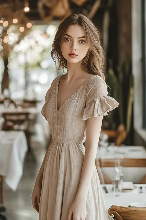 A woman wears a deep red wedding guest dress with a plunging neckline