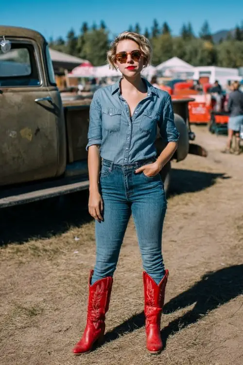 A woman wears a denim-on-denim look with a button-up shirt, skinny jeans, and red cowboy boots