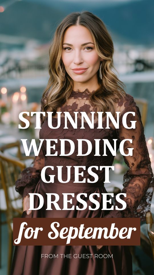 A woman wears a fall wedding guest dress for September