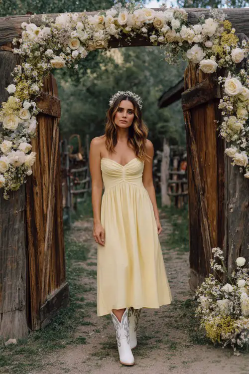 A woman wears a flowy pastel yellow dress with white cowboy boots and a delicate headband (2)