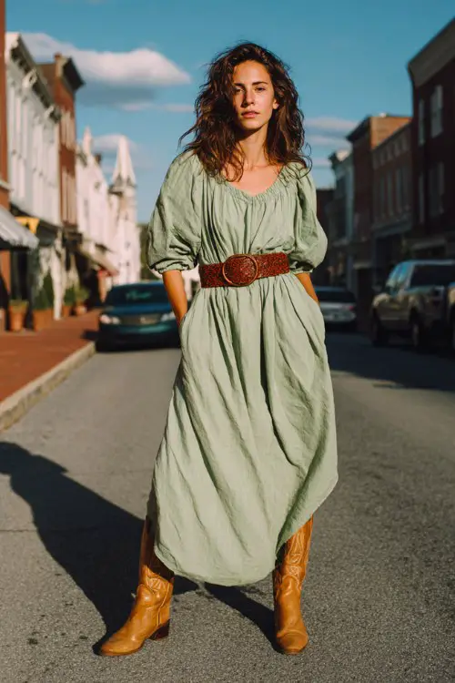 A woman wears a flowy sage-green prairie dress with tan cowboy boots and a vintage leather belt on the street