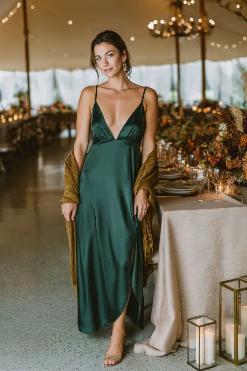 A woman wears a forest green slip dress with a matching shawl
