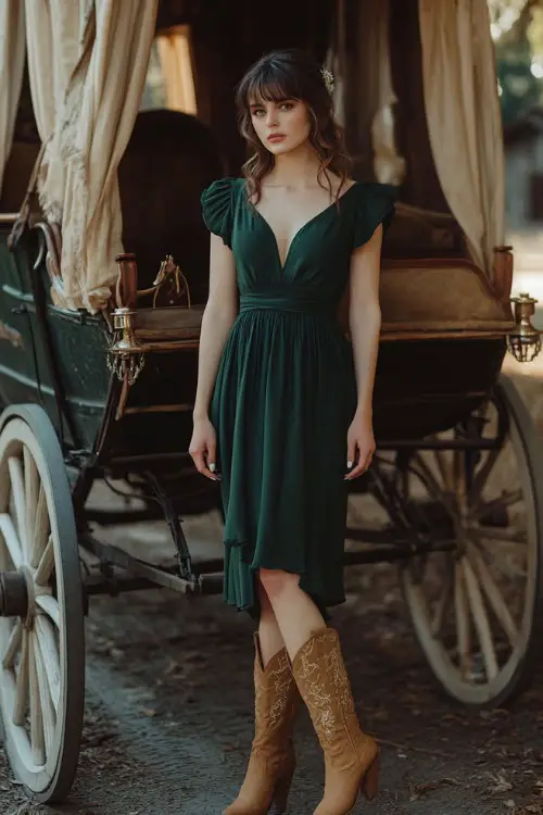 A woman wears a green wedding guest dress with brown cowboy boots