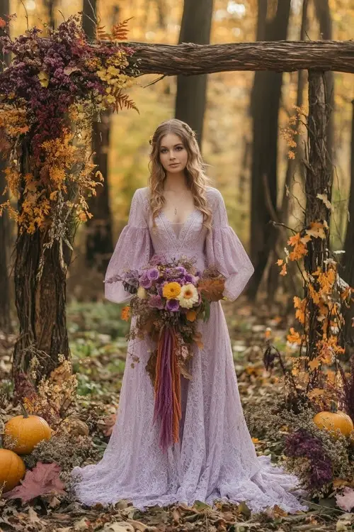 A woman wears a lavender lace wedding guest dress with balloon sleeves and a deep V neckline