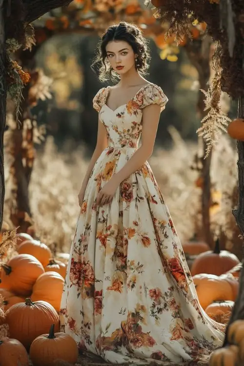 A woman wears a long white floral wedding guest dress with a sweetheart neckline