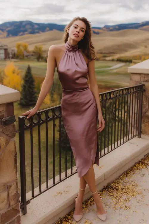 A woman wears a mauve high-neck satin midi dress with strappy heels
