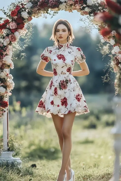 A woman wears a mini white floral wedding guest dress and a high collar
