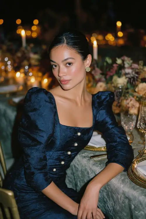 A woman wears a navy brocade mini dress with puffed sleeves and pearl buttons, seated at a candlelit reception table