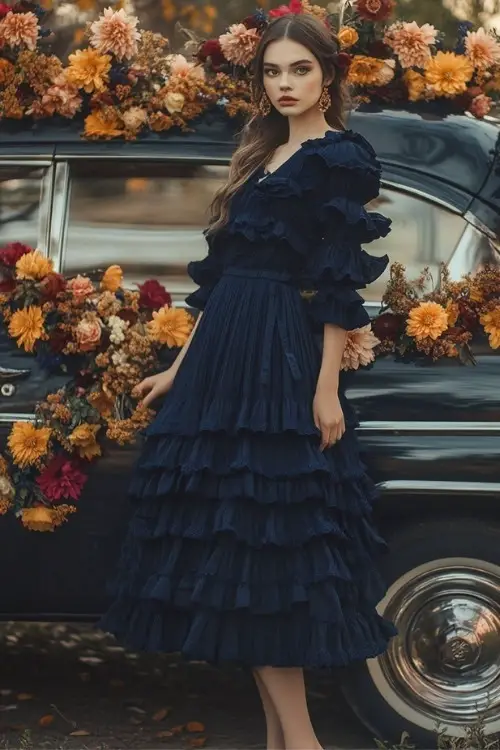 A woman wears a navy wedding guest dress with tiered ruffle detailing and puffed sleeves
