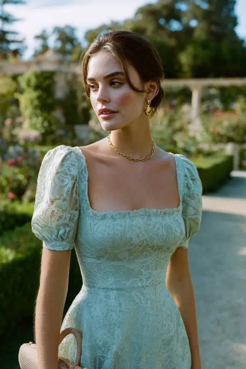 A woman wears a pale mint lace mini dress featuring a square neckline, puff sleeves, and intricate lace patterns throughout the fitted bodice and softly flared skirt