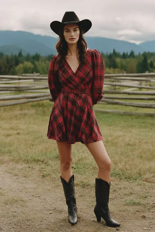 A woman wears a red and black plaid wrap mini dress with a flare subtle pleated skirt, defined waist, long puff sleeves, paired with classic black cowboy boots