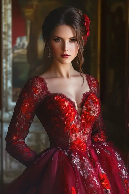 A woman wears a red floral wedding guest dress with long lace sleeves and a deep sweetheart neckline