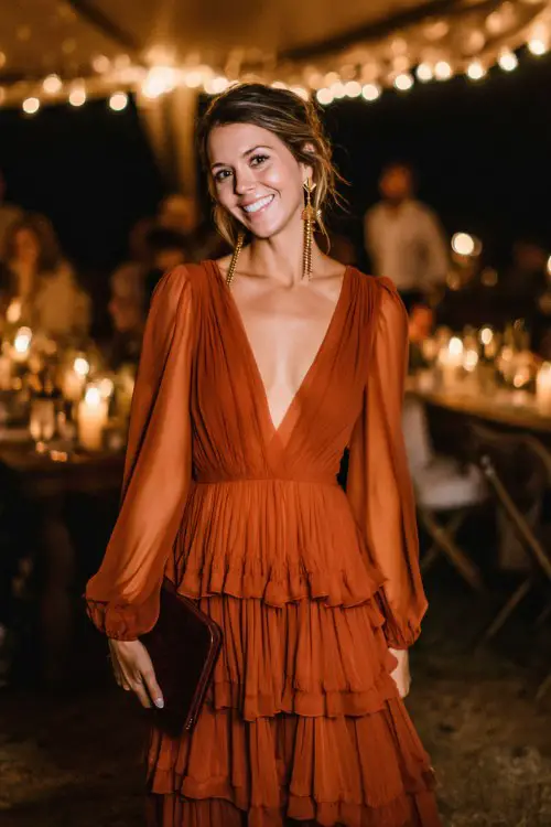 A woman wears a rich burnt-orange chiffon maxi dress featuring a deep V neckline, sheer bishop sleeves, and cascading tiered ruffles