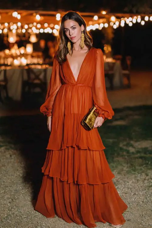 A woman wears a rich burnt-orange chiffon maxi dress featuring a deep V neckline, sheer bishop sleeves, and cascading tiered ruffles that flow with movement