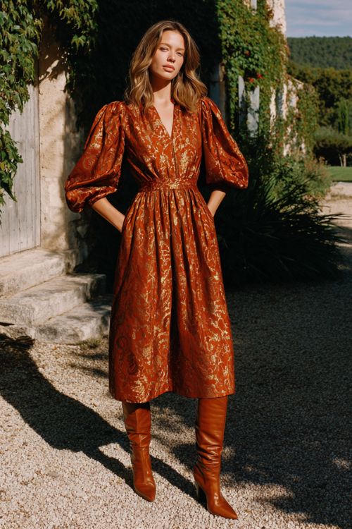 A woman wears a rust-orange jacquard midi dress with metallic floral patterns and elegant bishop sleeves, styled with pointed-toe leather knee-high boots