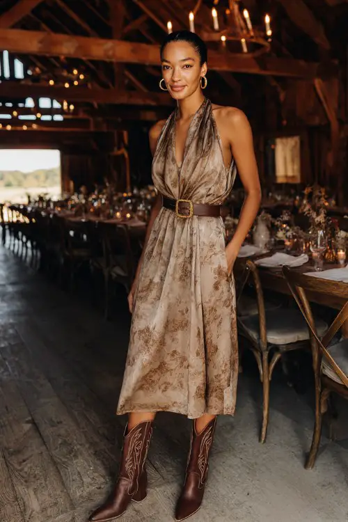 A woman wears a soft mocha silk midi dress with delicate floral burnout patterns and a draped neckline, styled with polished brown cowboy boots, a slim leather belt