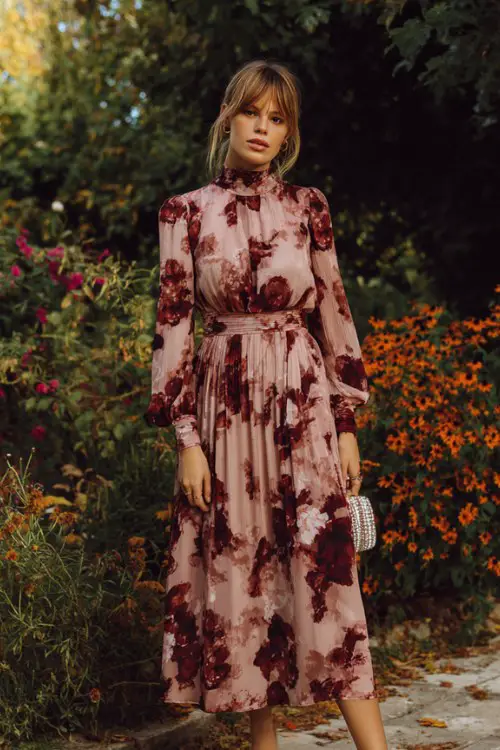 A woman wears a soft pink and deep red floral midi dress with a high neckline and flowing skirt, paired with elegant heels and a small embellished clutch