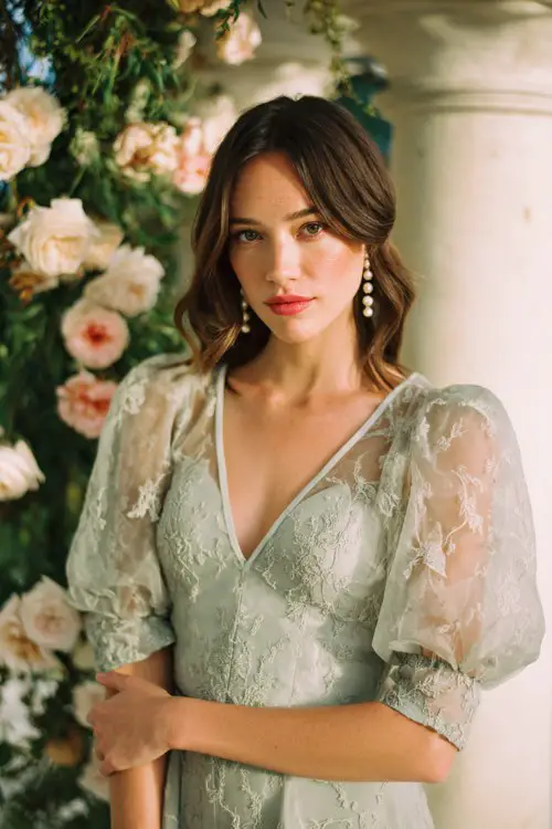 A woman wears a soft sage lace midi dress featuring embroidered botanical lace, sheer puff sleeves