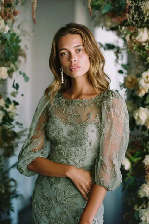A woman wears a soft sage lace midi dress featuring embroidered botanical lace, sheer puff sleeves, and a layered chiffon underskirt that adds movement