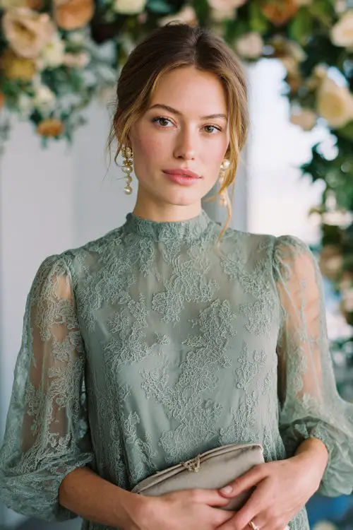A woman wears a soft sage lace midi dress featuring embroidered botanical lace, sheer puff sleeves, and a layered chiffon underskirt that adds movement
