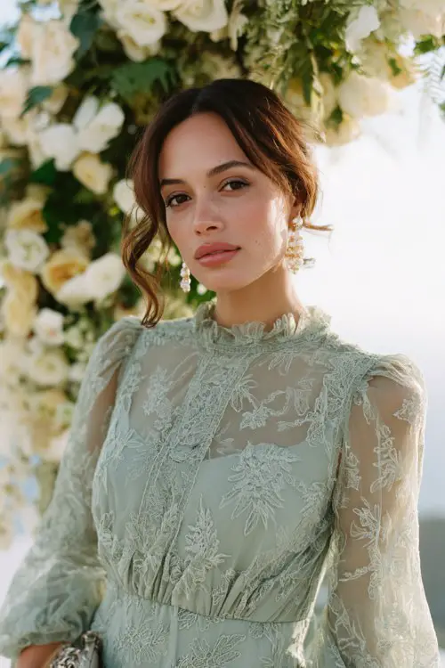 A woman wears a soft sage lace midi dress featuring embroidered botanical lace, sheer puff sleeves