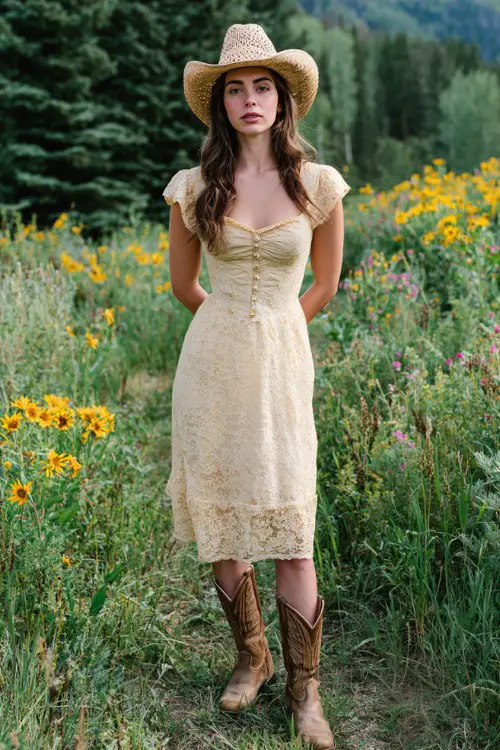 A woman wears a soft yellow lace midi dress with delicate textures, paired with light brown cowboy boots and a straw hat