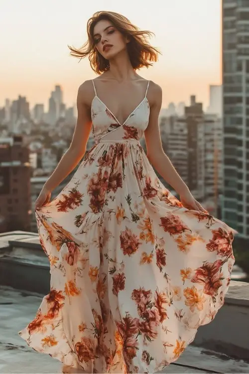 A woman wears a white floral wedding guest dress with spaghetti straps and a deep V neckline