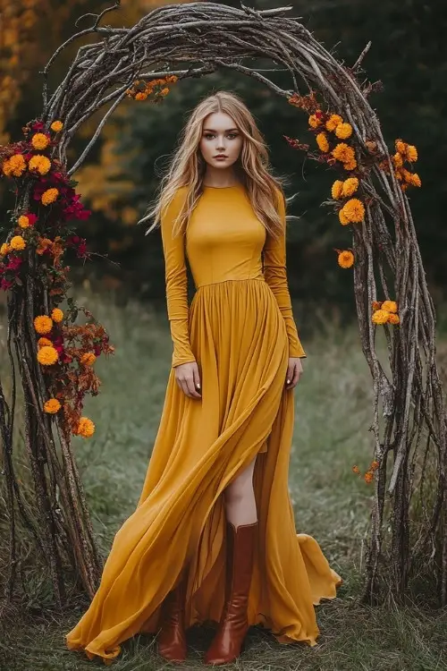 A woman wears a yellow wedding guest dress with long sleeves and tan boots