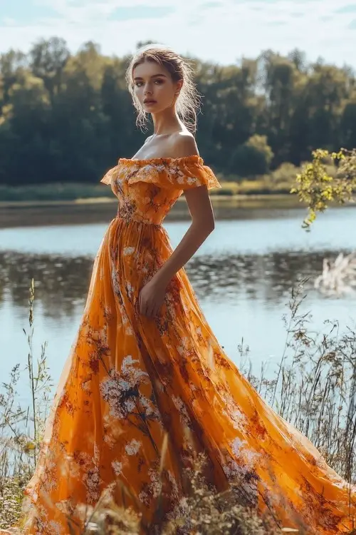 A woman wears an off-the-shoulder orange floral wedding guest dress with a flowing skirt