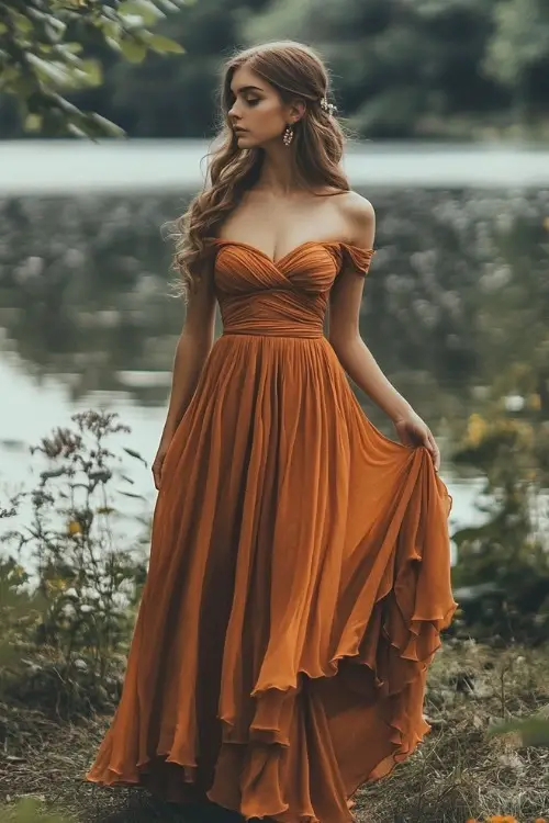 A woman wears an off-the-shoulder orange wedding guest dress with a flowing skirt (2)