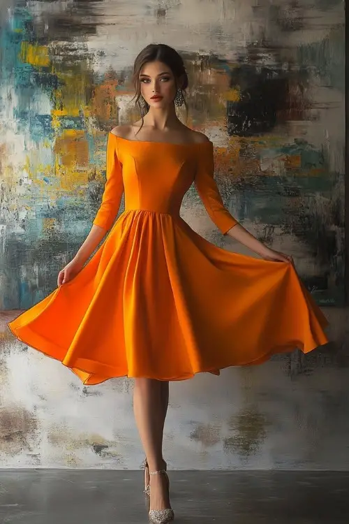 A woman wears an off-the-shoulder orange wedding guest dress with silver heels