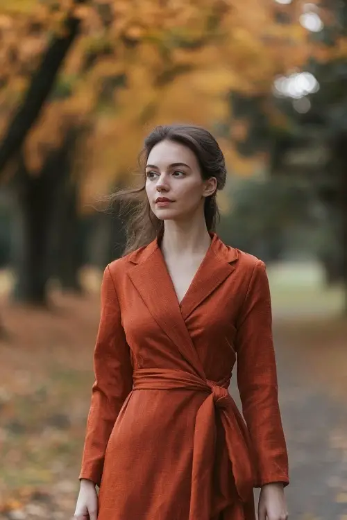 A woman wears an orange wrap wedding guest dress with a tied waist and long sleeves