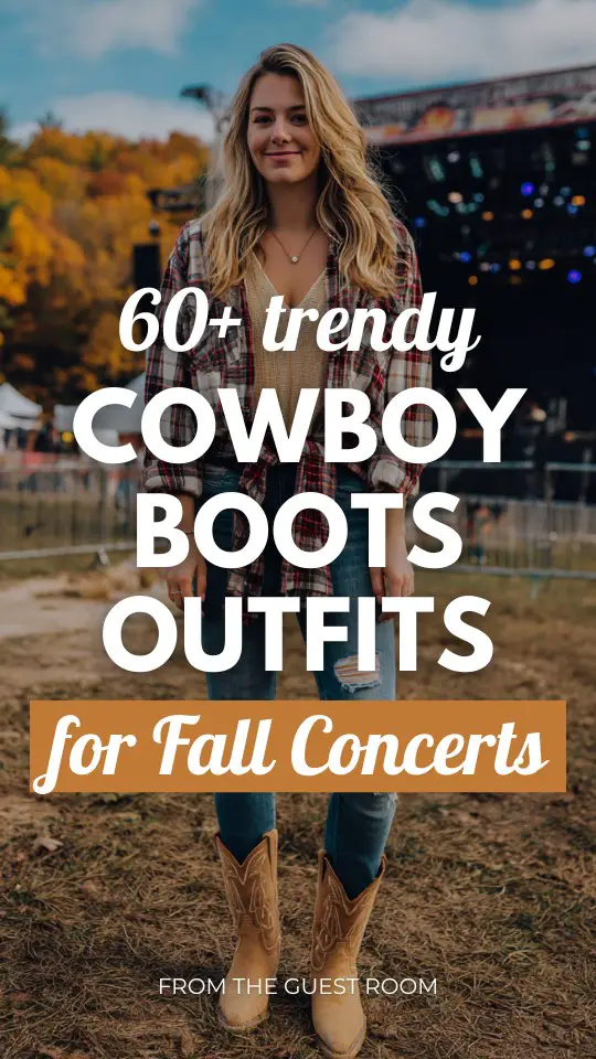 A woman wears ripped jeans, a plaid flannel tied at the waist and cowboy boots outfit for a fall concert
