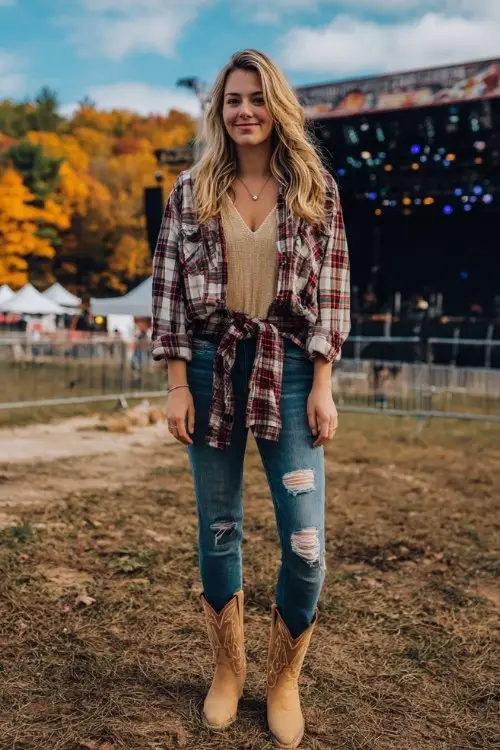 A woman wears ripped jeans, tan cowboy boots, and a plaid flannel tied at the waist