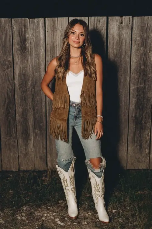 A woman wears ripped jeans with white cowboy boots and a suede fringe vest