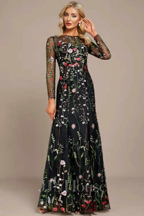 SheathColumn Illusion Boat Neck Floor-Length Floral Lace Evening Dress