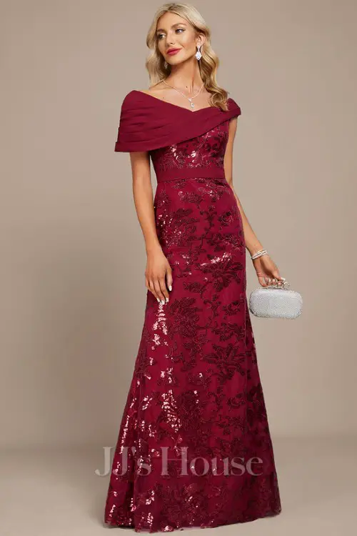 Elegant Burgundy Lace Evening Gown.