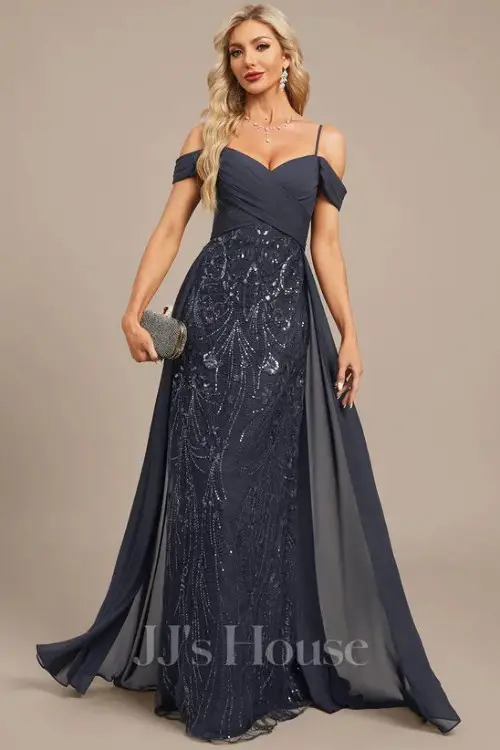 Sheath_Column Cold Shoulder Floor-Length Lace Sequin Chiffon Evening Dress With Overskirt Pleated