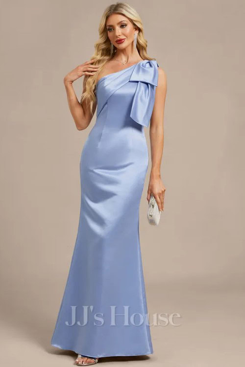Sheath_Column One Shoulder Floor-Length Satin Evening Dress With Bow Pleated