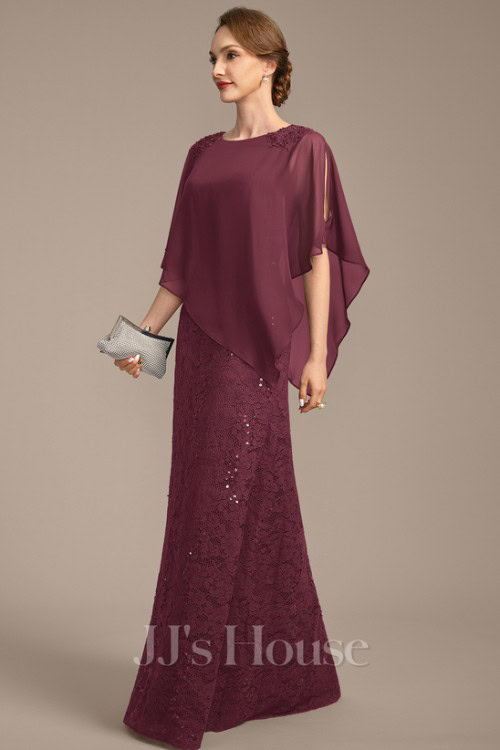 Sheath_Column Scoop Floor-Length Chiffon Lace Mother of the Bride Dress With Beading Cape Sequins