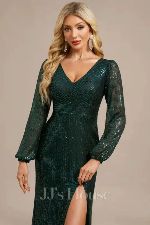 Sheath_Column V-Neck Floor-Length Sequin Evening Dress