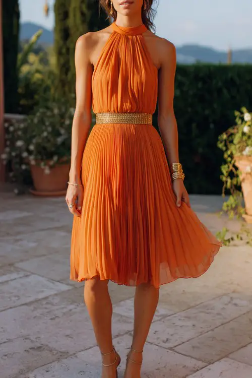 Short amber-orange pleated dress, halter neckline, metallic belt accent