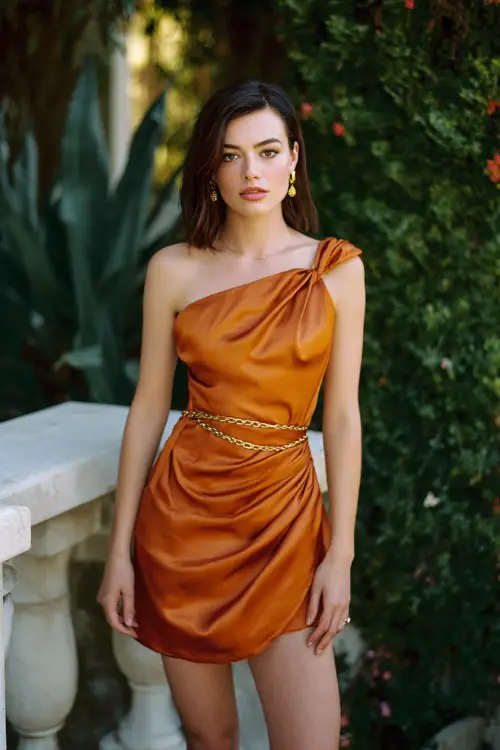 Short burnt-orange satin wedding guest dress, asymmetric one-shoulder neckline, draped bodice, subtle side ruching