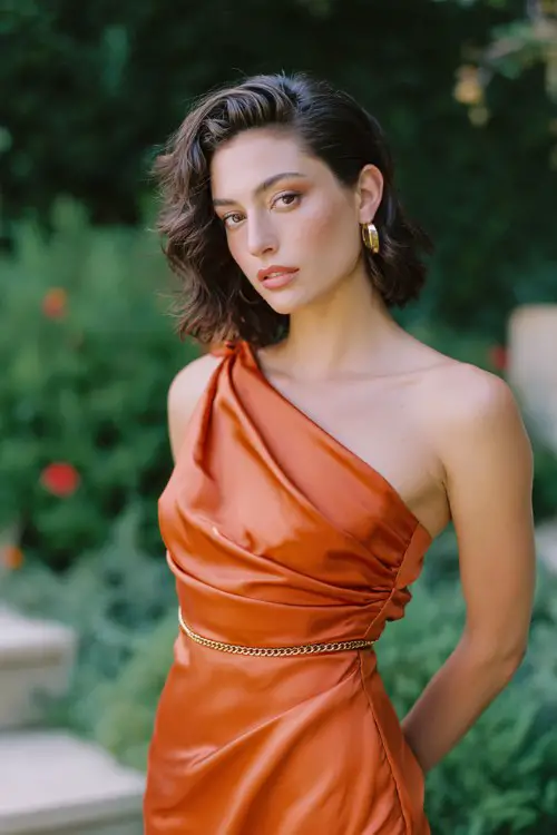 Short burnt-orange satin wedding guest dress, asymmetric one-shoulder neckline, draped bodice, subtle side ruching, glossy silk satin fabric reflecting sunset light, delicate gold chain belt